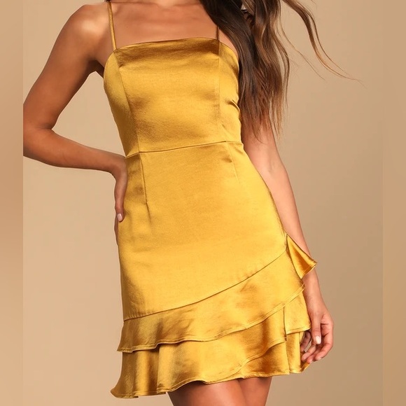 Lulus Dresses & Skirts - ✨NWT Lulu's Mustard Yellow Satin Ruffles Mini Dress